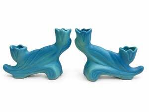 Vintage Van Briggle Blue Turquoise Double Tulip Candle Holders Pair 6.5”